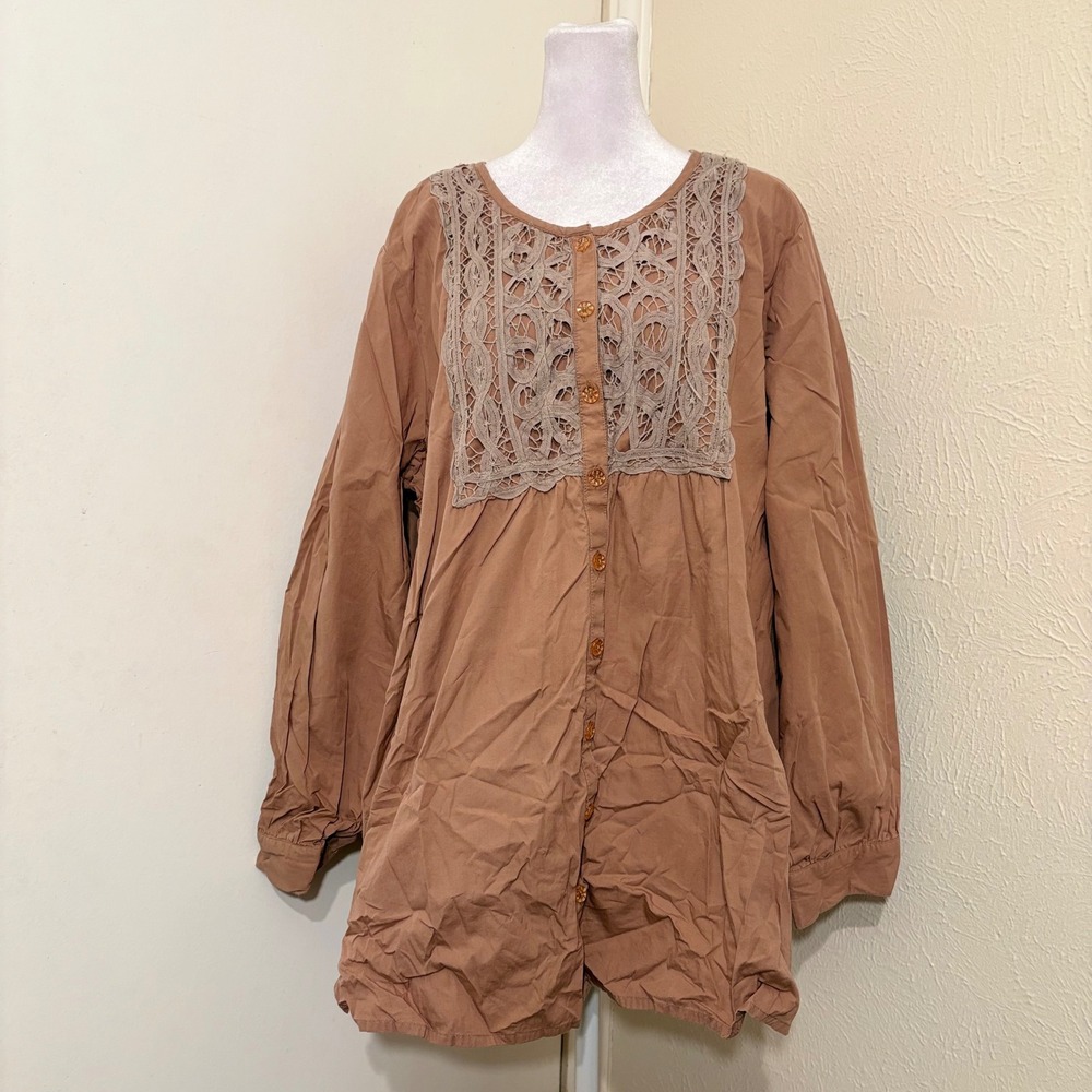 Tan Brown Cotton Crochet Lace Button Front Blouse Tunic Boho Long Sleeve Top 22W